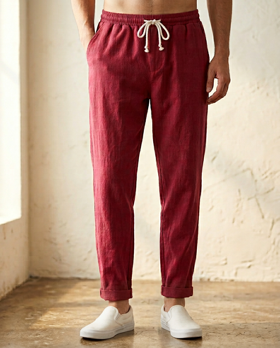Men's breathable linen summer trousers. Featuring a comfortable drawstring and relaxed lightweight fit.