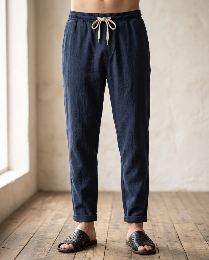 Casual men's linen drawstring pants. Lightweight, breathable, and comfortable for warm weather.