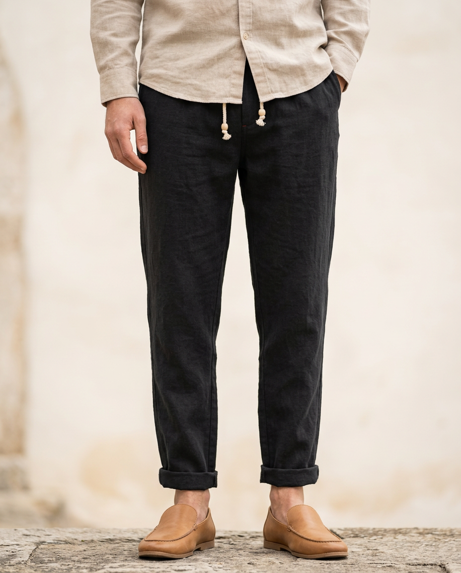 Relaxed fit men's linen trousers with adjustable drawstring. Ideal lightweight summer pants.