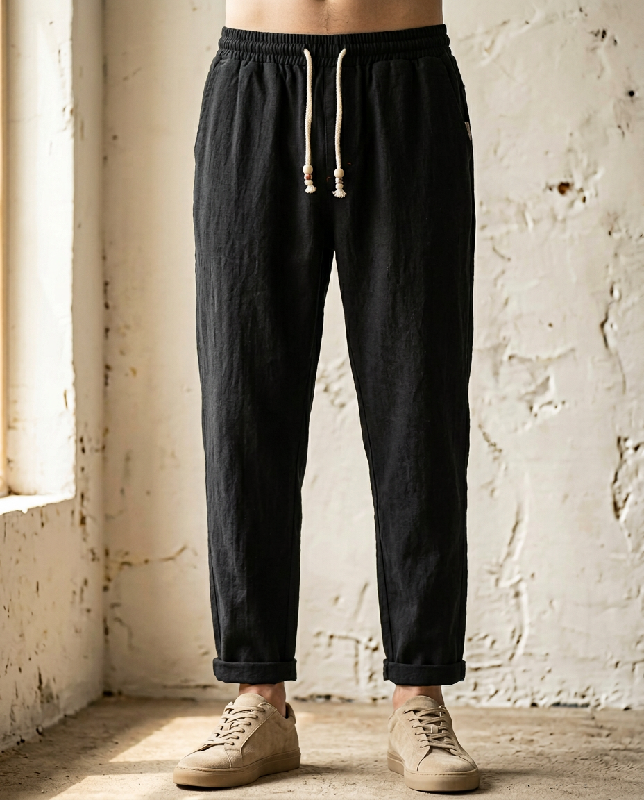 Breathable men's lightweight linen trousers. Perfect casual wear with a comfortable drawstring waist.