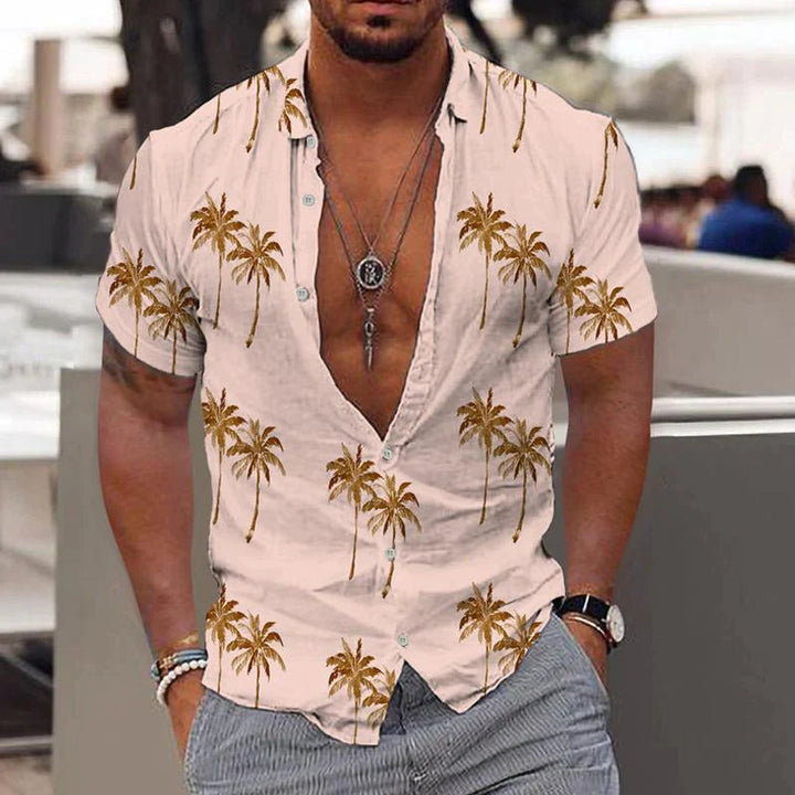 Men's lightweight linen short sleeve shirt for summer comfort. Ideal casual wear, beach, or vacation outfit.
