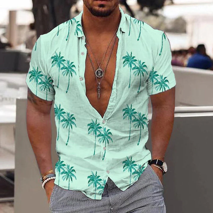 Comfortable men's short sleeve linen shirt, perfect for warm weather. Casual, collared top for summer and vacations.