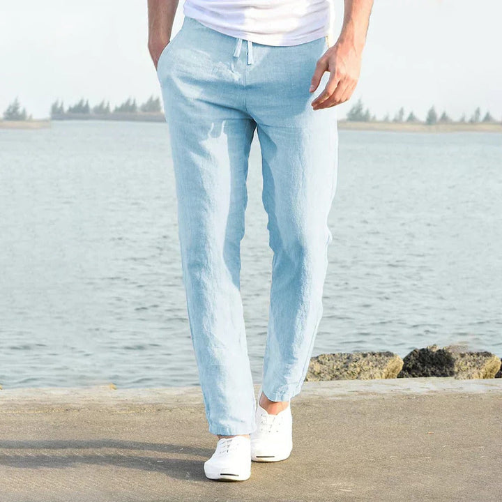 Comfortable men's relaxed fit linen pants, ideal for warm weather, casual spring outfits, and versatile everyday style.