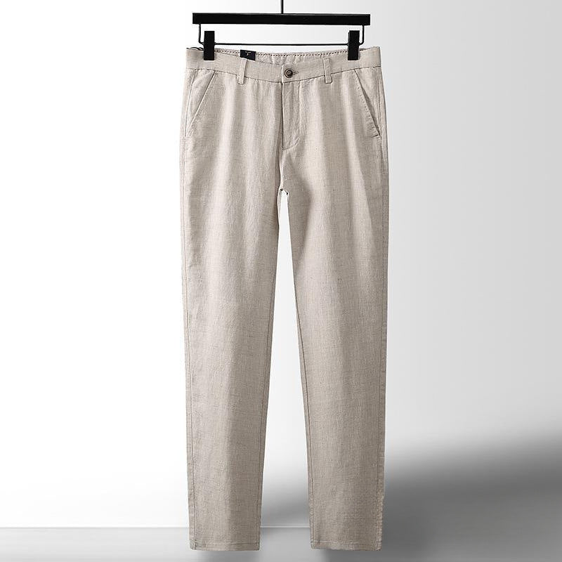 Man wearing comfortable men's lightweight linen trousers, showcasing their effortless style and breathable summer comfort.