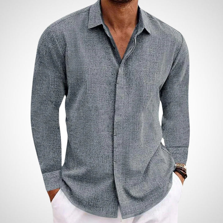Comfortable men's collared long sleeve shirt. Versatile & breathable lightweight fabric for everyday wear in spring.