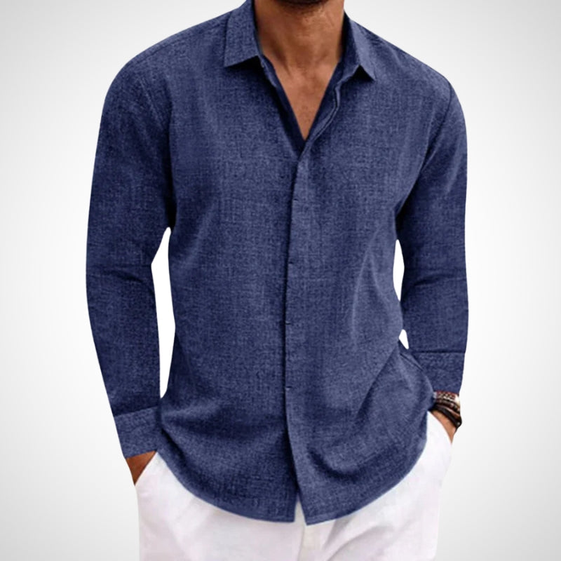 Classic men's casual button down shirt, long sleeve. Ideal for summer outings, relaxed fit & breathable comfort.
