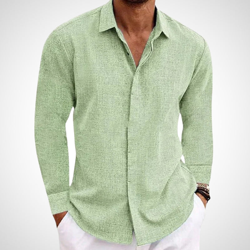 Lightweight men's long sleeve button-down shirt. Versatile & breathable for spring/summer, great for everyday casual.