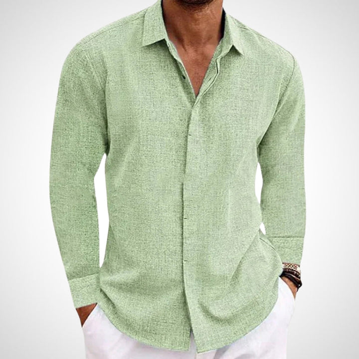 Lightweight men's long sleeve button-down shirt. Versatile & breathable for spring/summer, great for everyday casual.