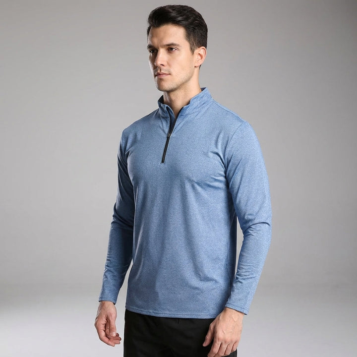 Detail of men's performance long sleeve running top, highlighting stitching and activewear design