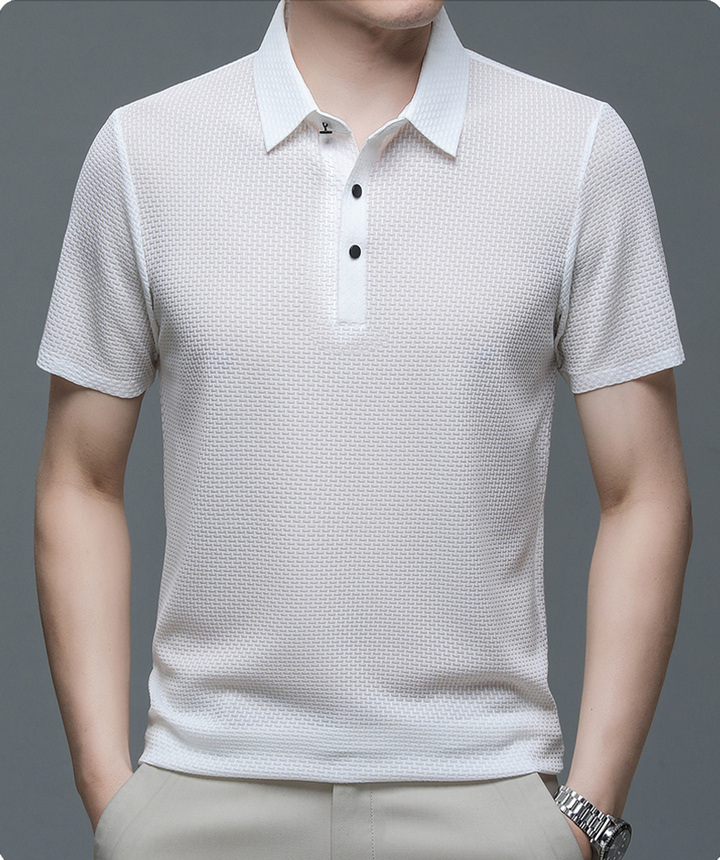 Breathable mesh fabric drape of Matteo men's polo, showing lightweight design, comfort, and modern fit.