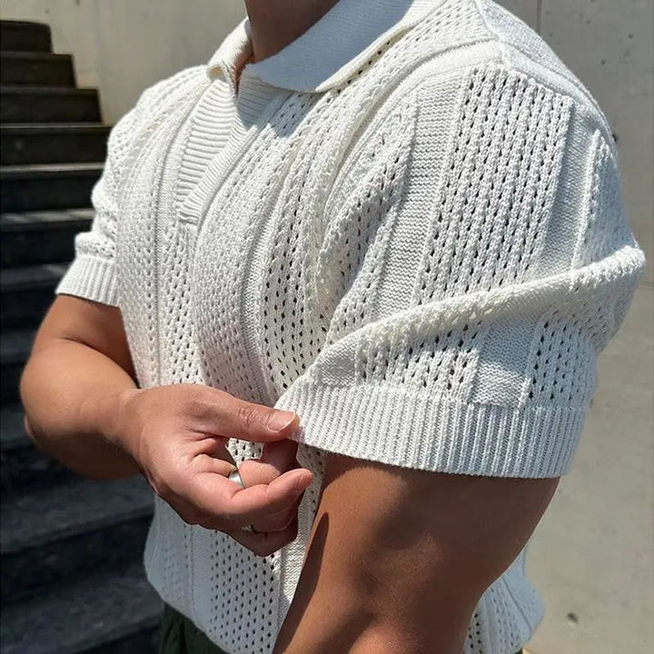 Men's lightweight mesh polo shirt with vintage lapel, short sleeves, perfect for sunny summer casual wear.
