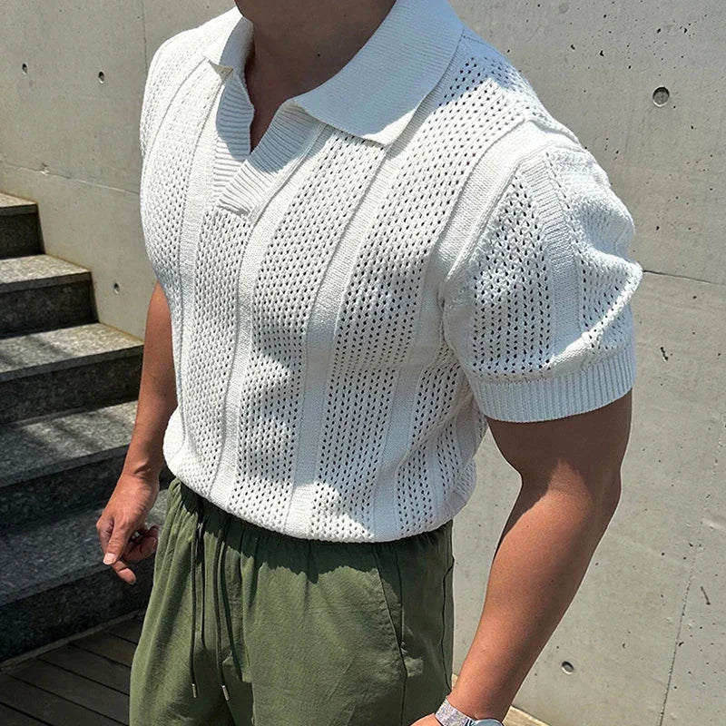Close-up of men's lightweight mesh polo shirt fabric, highlighting breathable material & vintage lapel detail.