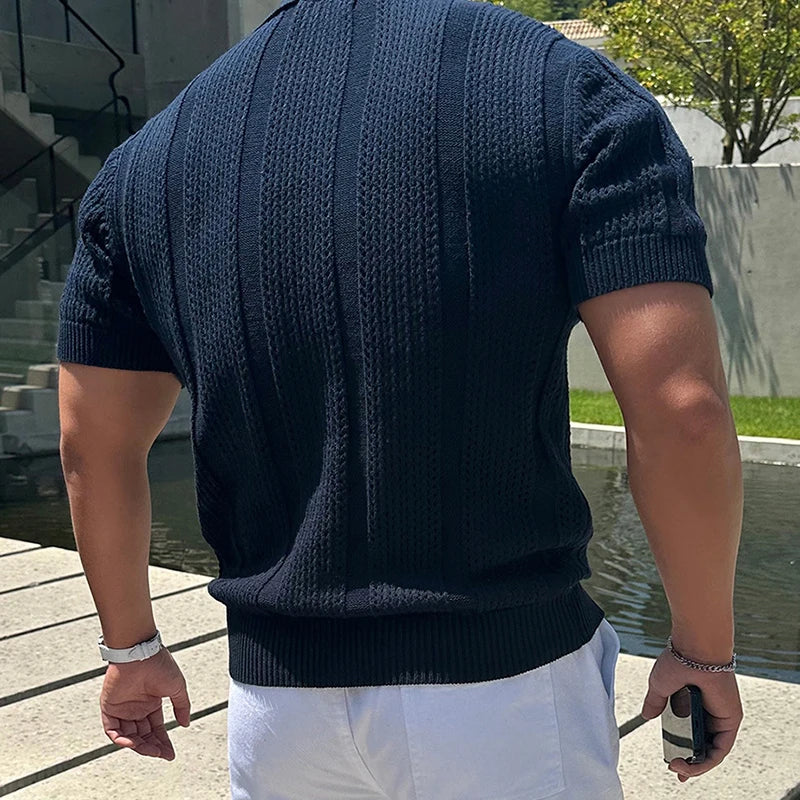 Back view of men's lightweight mesh polo shirt, showcasing breathable design for active and sunny summer days.