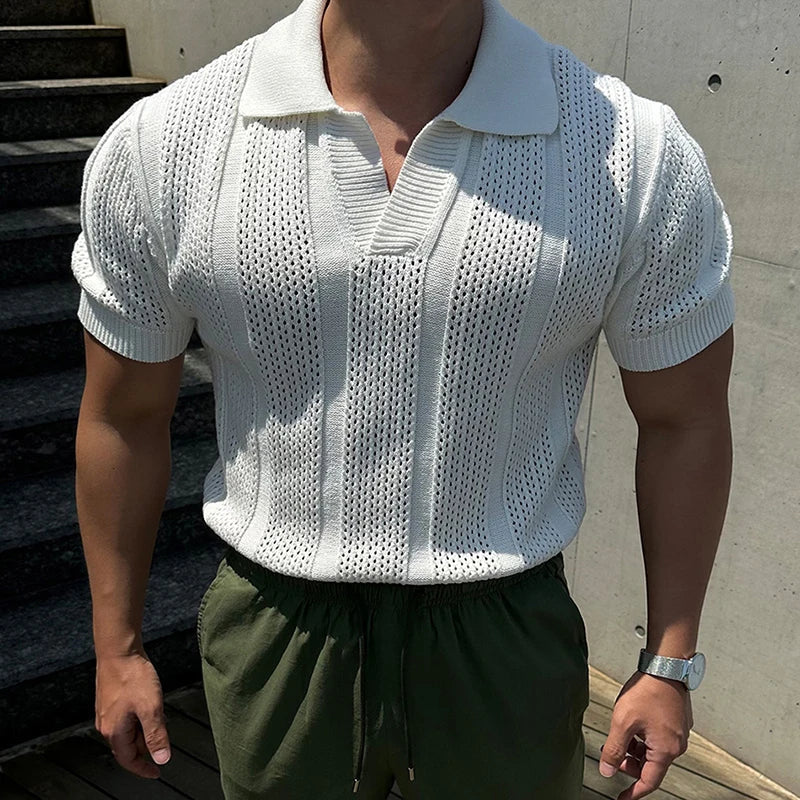 Stylish men's lightweight mesh polo shirt featuring a unique vintage lapel, a must-have for summer fashion.