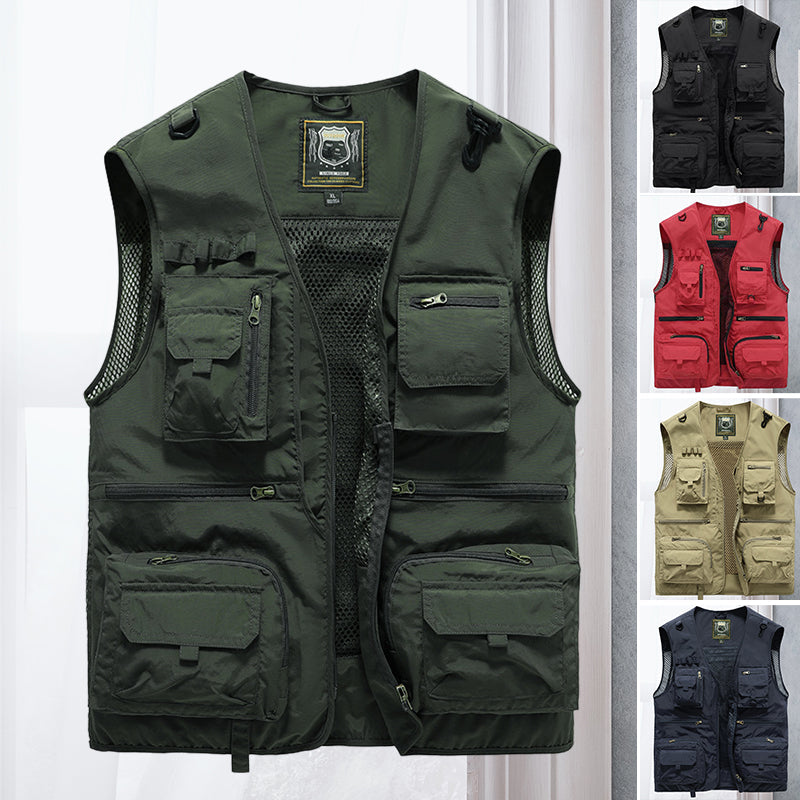 Men's lightweight multi-pocket hiking vest for outdoor adventures.