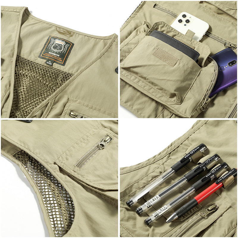 Sleeveless men's adventure gear vest, lightweight with many utility pockets.