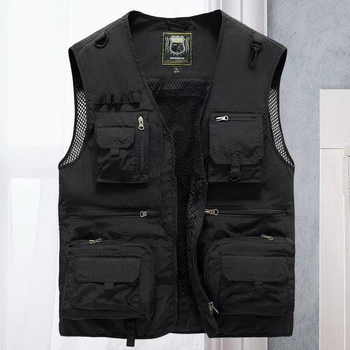 Front view: Men's lightweight multi-pocket vest designed for outdoor activities.