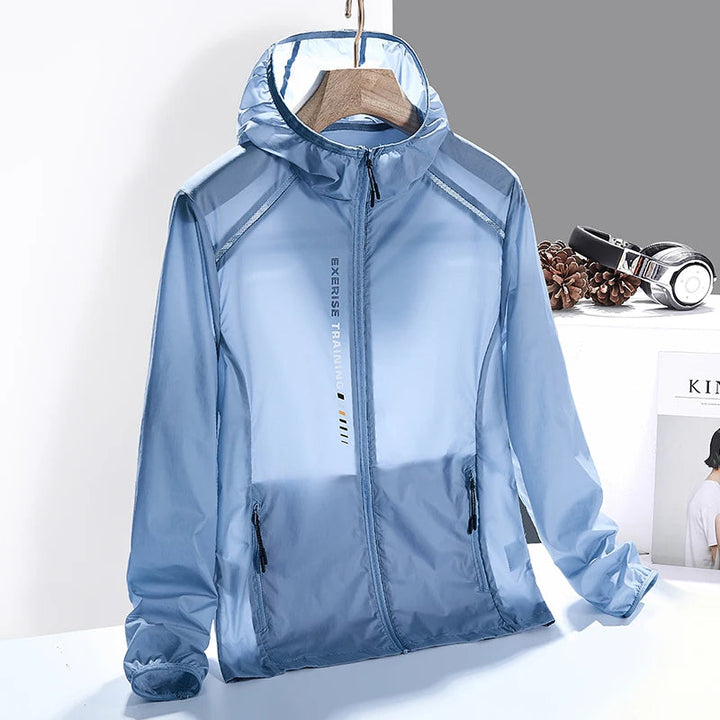 Reflective men's windbreaker with sun protection for hiking, fishing, and outdoor sports.