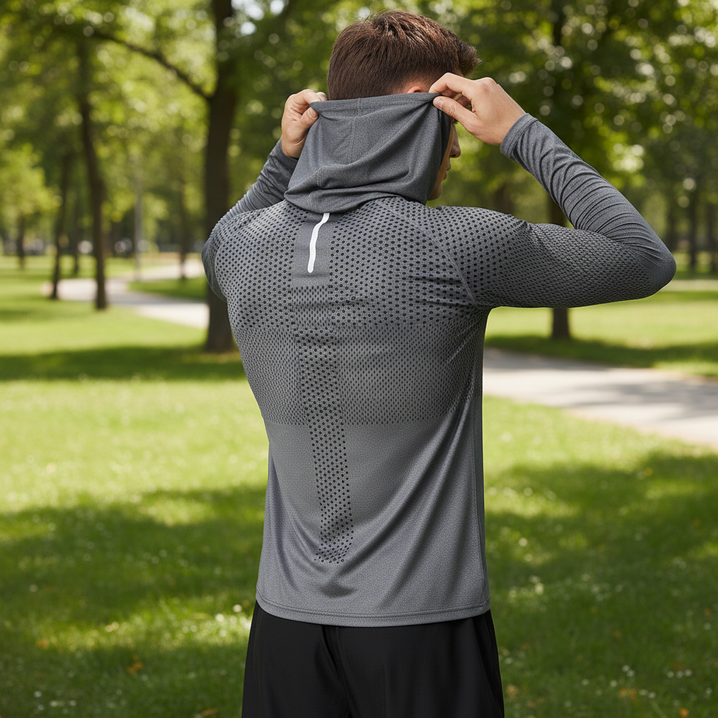 Athletic men's hooded workout shirt with reflective details, keeps you cool & agile during intense training.