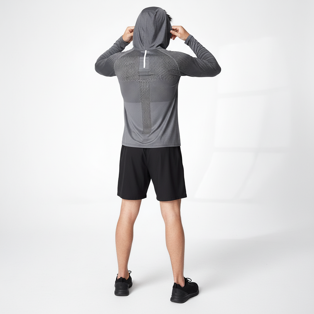 Dynamic men's gym hooded shirt, quick-dry activewear perfect for workouts, hiking, or casual wear.