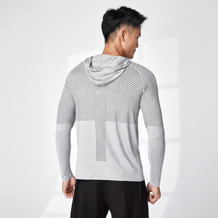 Men's performance activewear hooded shirt, featuring reflective elements for enhanced visibility.