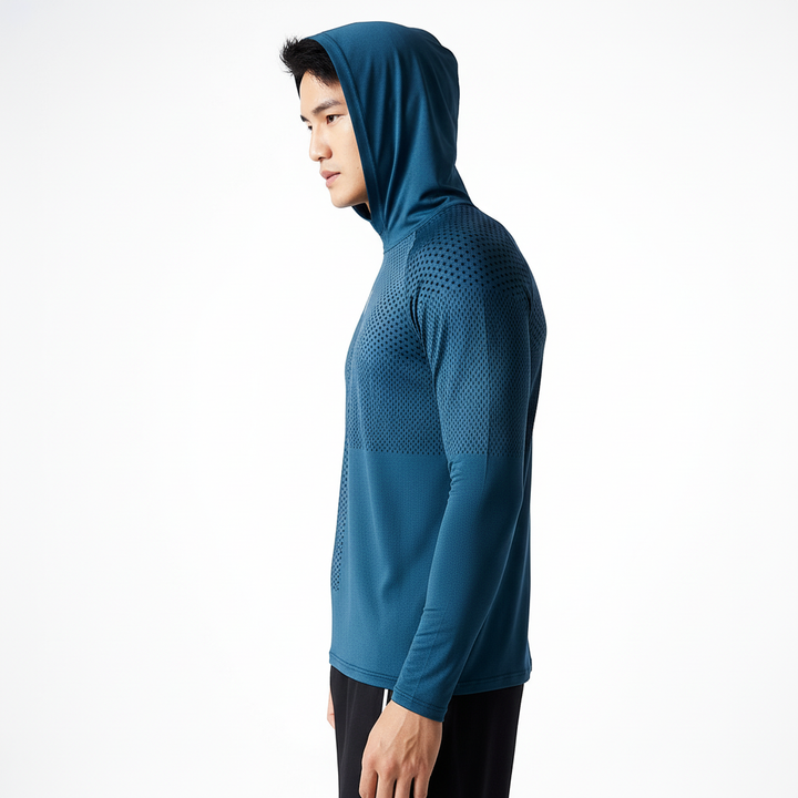 Lightweight men's sports hooded shirt, engineered for breathability and moisture control in any activity.
