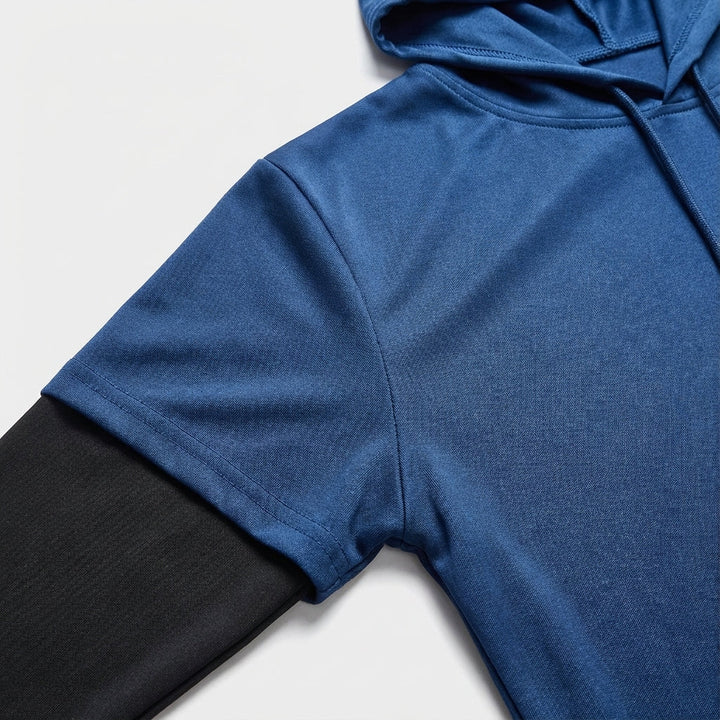 Close-up of lightweight men's running hoodie fabric, showing quick-dry texture, perfect for intense workouts.