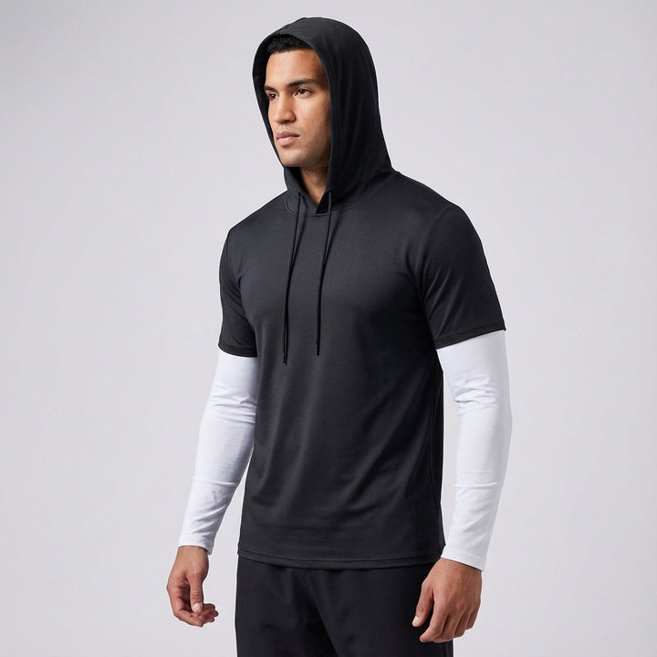 Studio shot of men's hooded training top, highlighting breathable design and fitness apparel details.