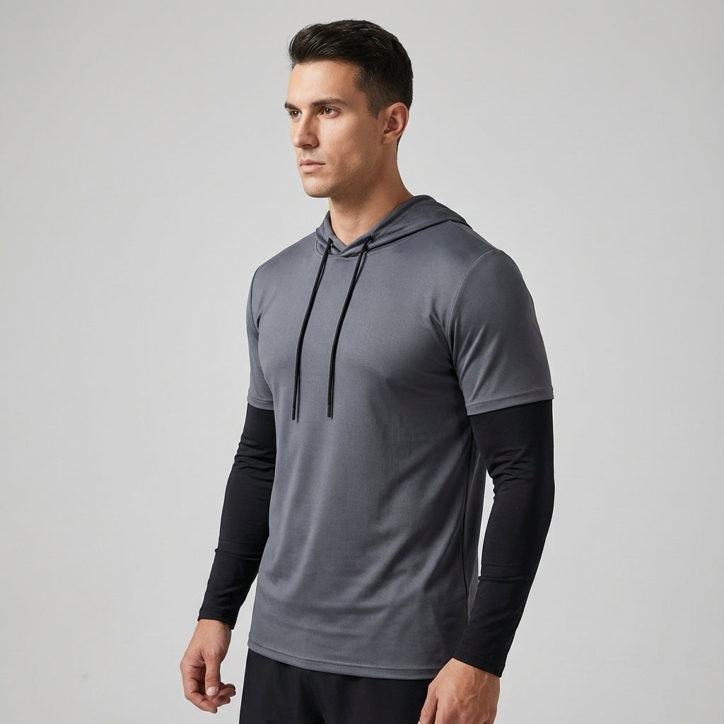 Versatile men's polyester-spandex athletic hoodie, engineered for comfort and performance in activewear.