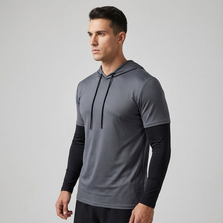 Versatile men's polyester-spandex athletic hoodie, engineered for comfort and performance in activewear.