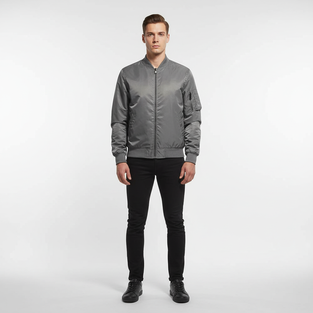 Back view of the Lothar men's bomber jacket, highlighting its lightweight and transitional design.