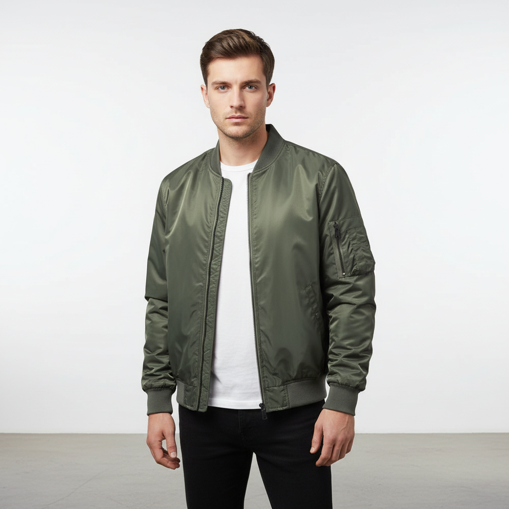 Men's bomber jacket, Lothar, modeled for a casual spring look, showcasing fit and style.