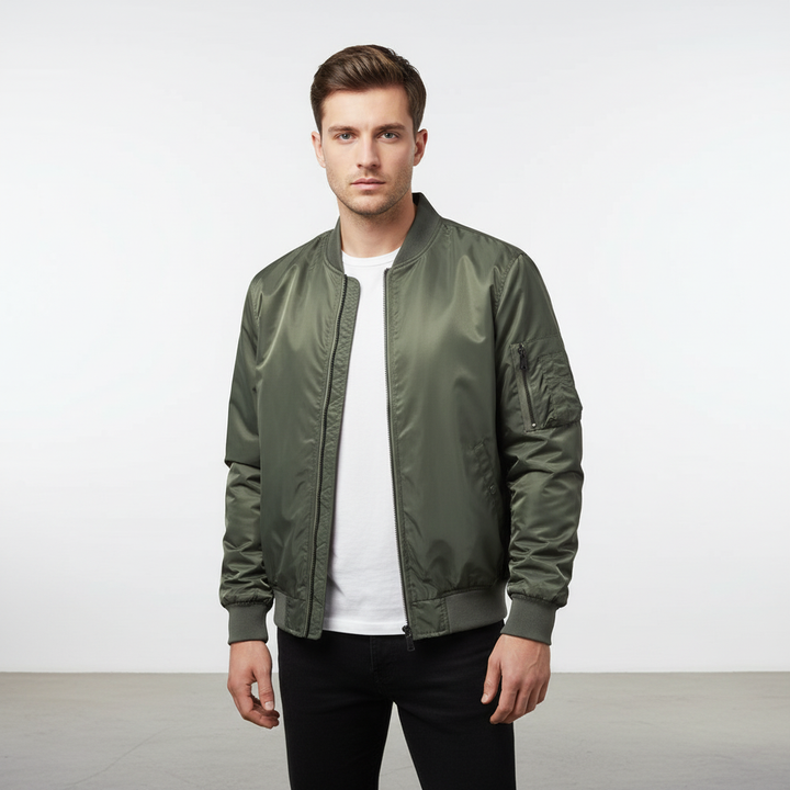 Men's bomber jacket, Lothar, modeled for a casual spring look, showcasing fit and style.