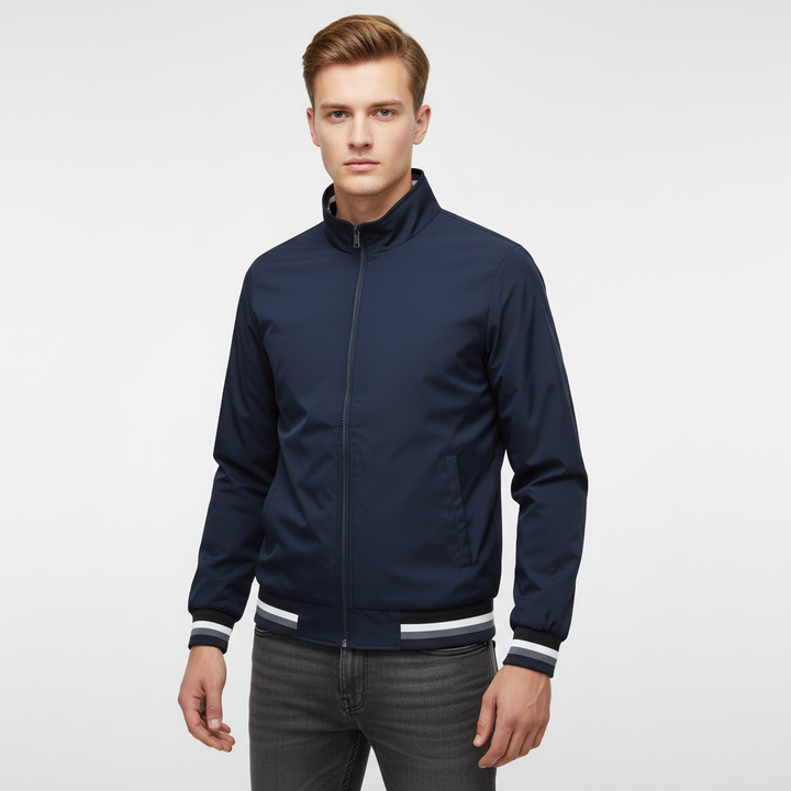 Transitional men's jacket with full zip, essential polyester outerwear for autumn