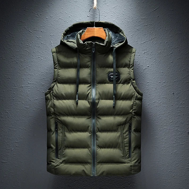 Warm men's lightweight puffer vest, essential outerwear for winter layering and casual comfort.