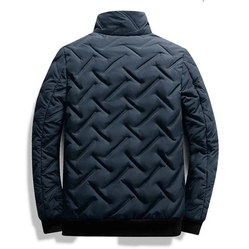 Close-up of a stylish men's quilted jacket texture. Modern lightweight outerwear with a clean, versatile design.