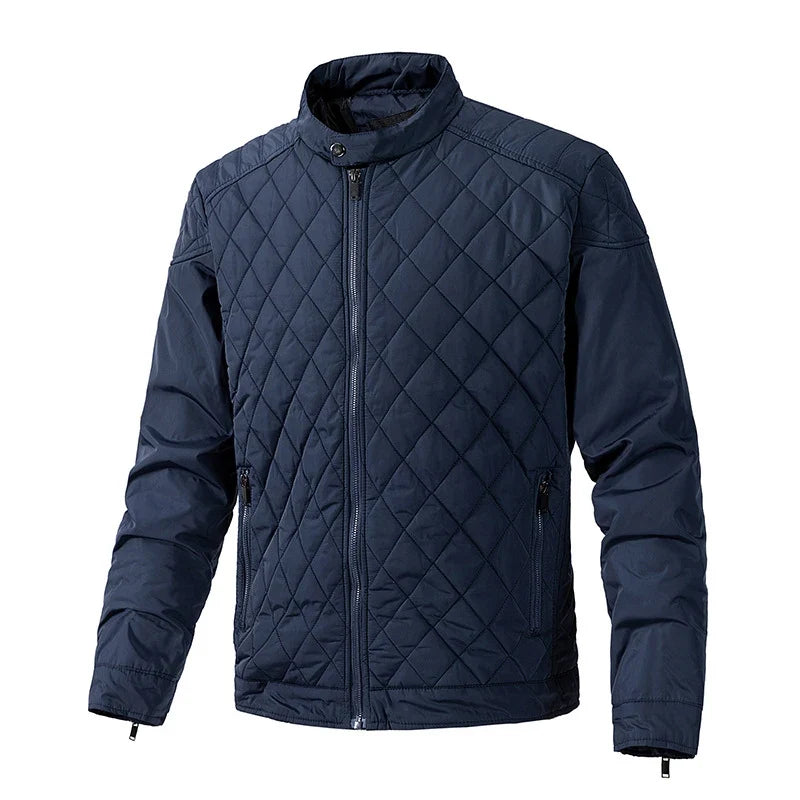 Modern men's quilted lightweight jacket with snap collar. Versatile fall & winter outerwear.