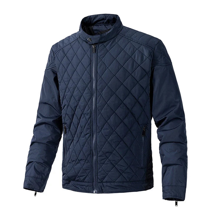 Modern men's quilted lightweight jacket with snap collar. Versatile fall & winter outerwear.