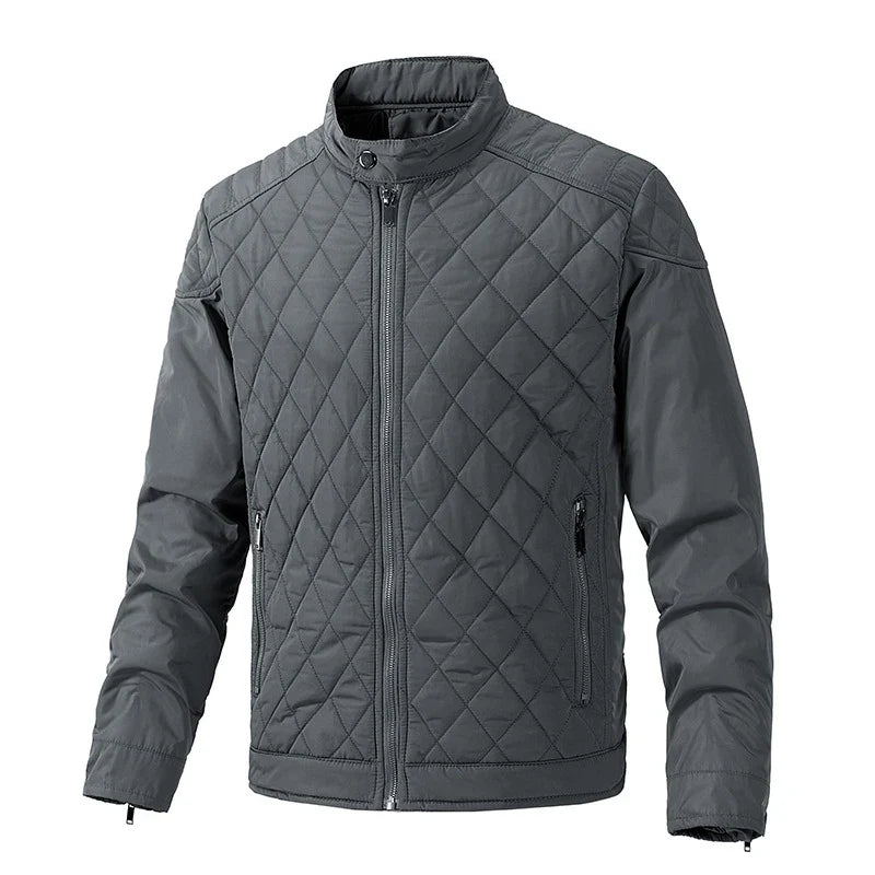 Everyday men's lightweight quilted jacket, stylish snap collar. Great for fall and mild winter.