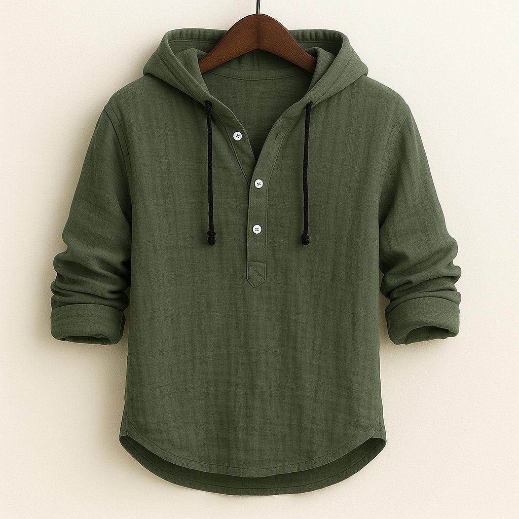 Casual men's lightweight hoodie shirt, ideal for summer layering or a comfortable spring outfit. Relaxed fit.
