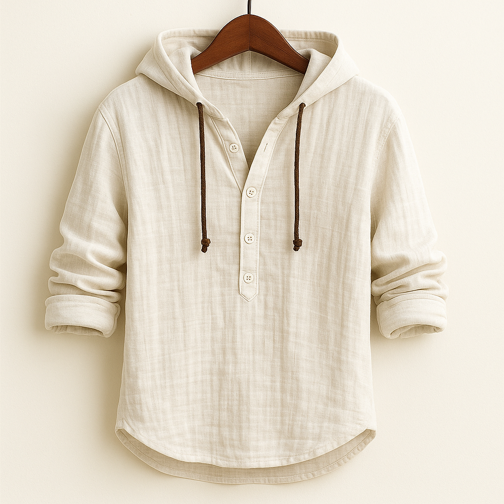 Lightweight men's hoodie shirt, designed with a relaxed fit for casual wear, an essential layering piece for spring/summer.