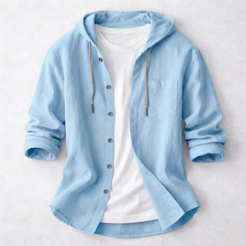 Relaxed fit men's hoodie shirt with drawstring hood, long sleeves, and stylish curved hem.