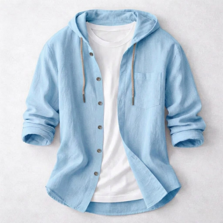 Relaxed fit men's hoodie shirt with drawstring hood, long sleeves, and stylish curved hem.