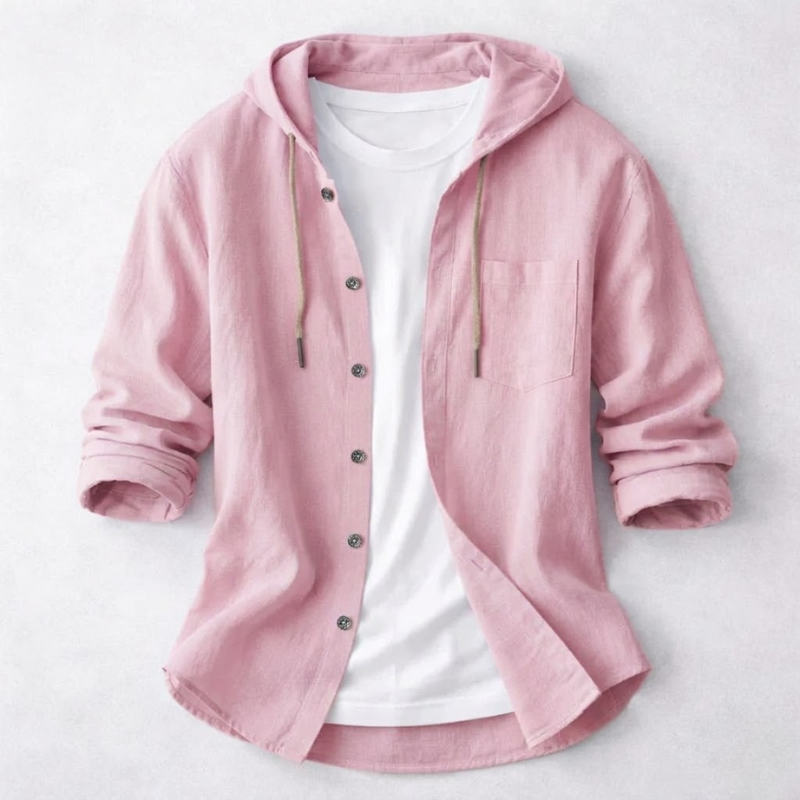 Men's casual top: relaxed fit hoodie shirt featuring a drawstring hood & modern curved hem design.