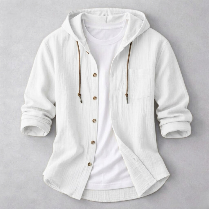 Man wearing a stylish, lightweight men's relaxed fit hoodie shirt, perfect for casual comfort.