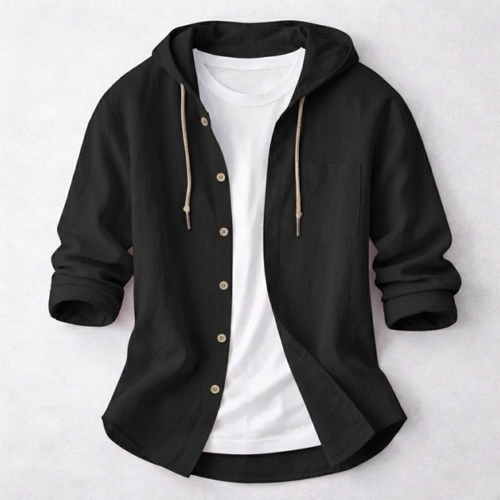 Lightweight men's hoodie shirt; relaxed fit, comfortable casual top with a classic drawstring hood.