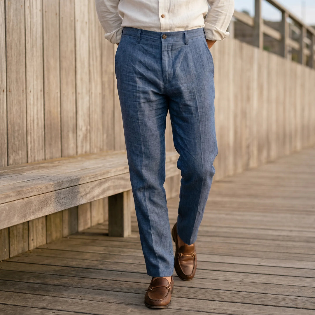 Men's lightweight relaxed fit summer trousers in a neutral color, perfect for casual comfort.