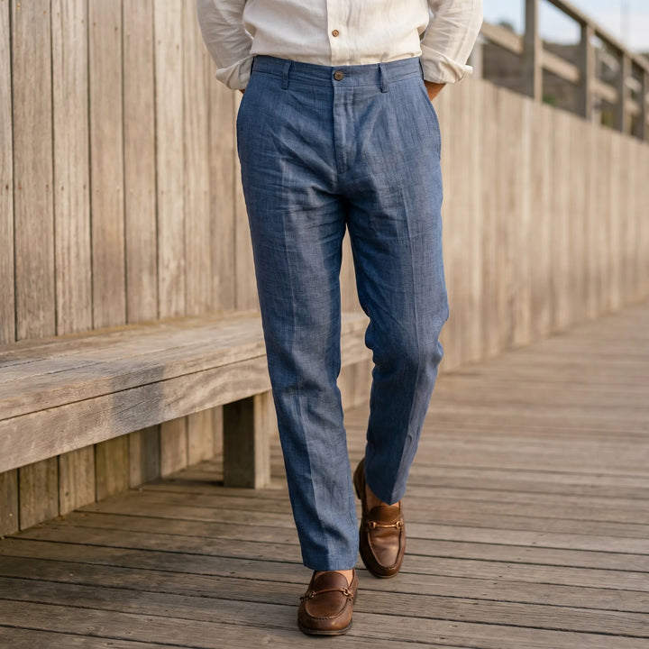 Men's lightweight relaxed fit summer trousers in a neutral color, perfect for casual comfort.