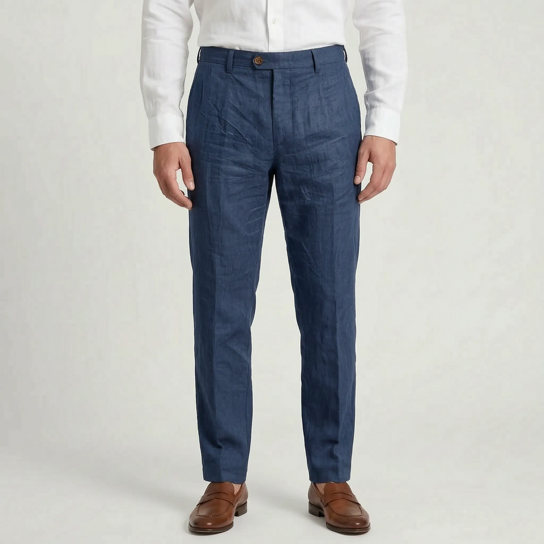 Man wearing relaxed fit lightweight summer trousers, perfect for comfortable warm-weather style.