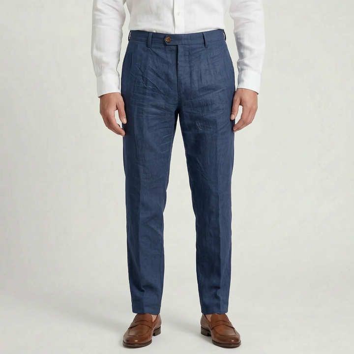Man wearing relaxed fit lightweight summer trousers, perfect for comfortable warm-weather style.